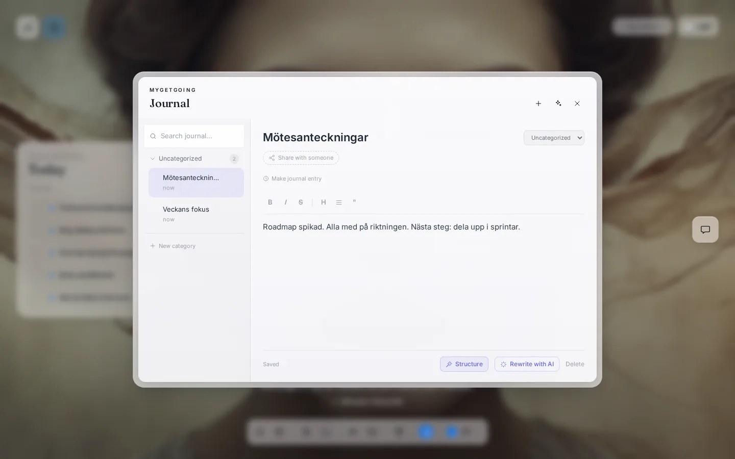 GetGoings anteckningar med en öppen anteckning och kategorilista
